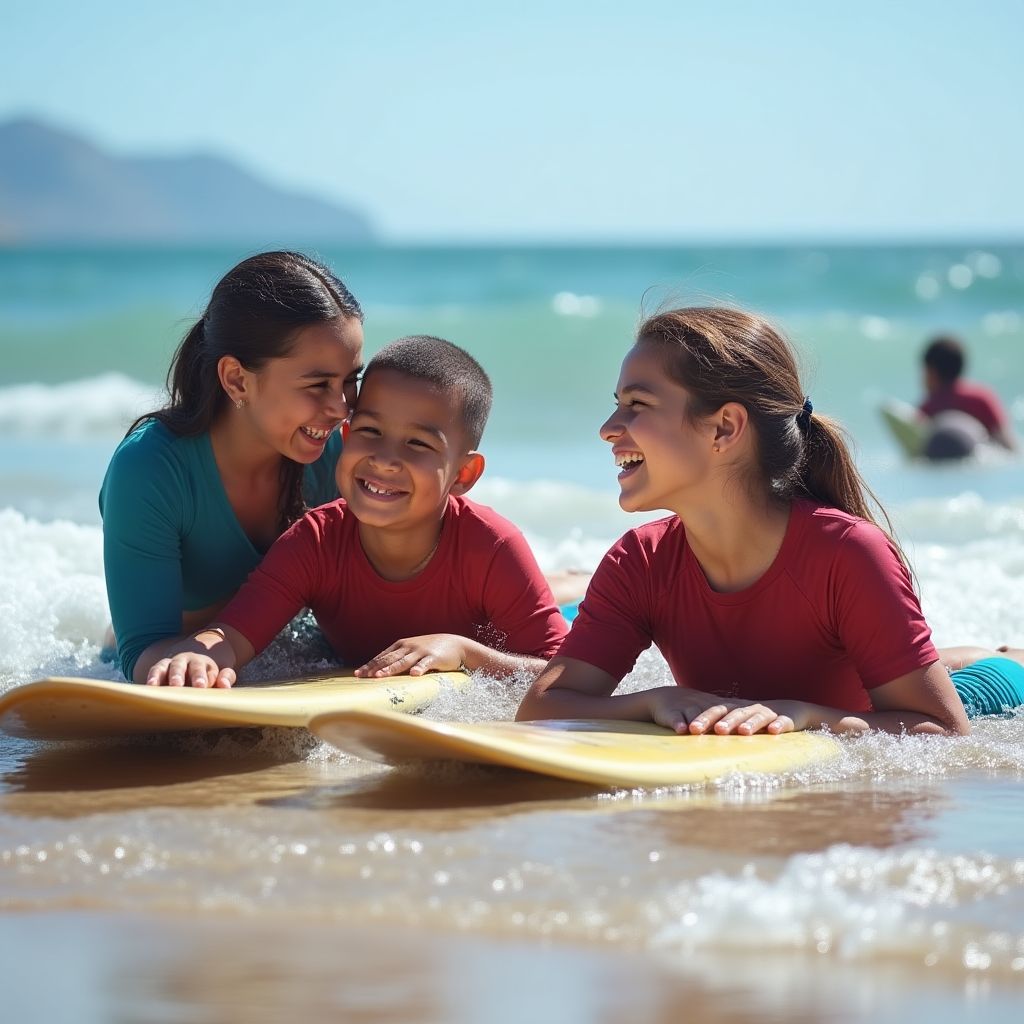 Una familia practicando surf en Canarias